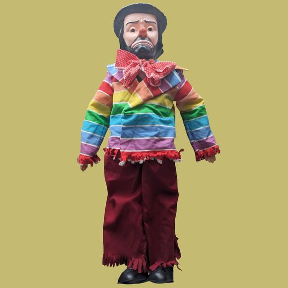 Vintage 1990s Emmett Kelly Hobo Clown 30" Ventriloquist Dummy in Rainbow Jacket - Picture 1 of 5